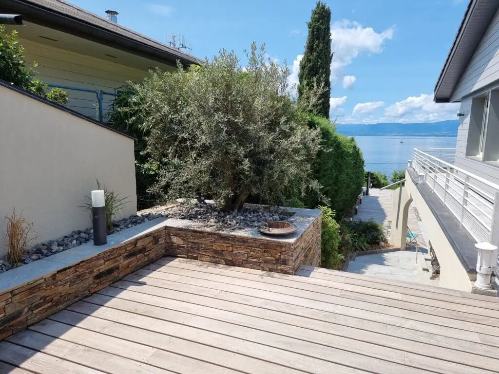 Terrasse en bois avec olivier en pot, vue sur le lac Léman à Évian-Les-Bains