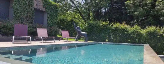 Piscine à débordement en béton brut avec plage en bois exotique et plantations modernes à Thonon-les-Bains, réalisée par Pernollet Paysage