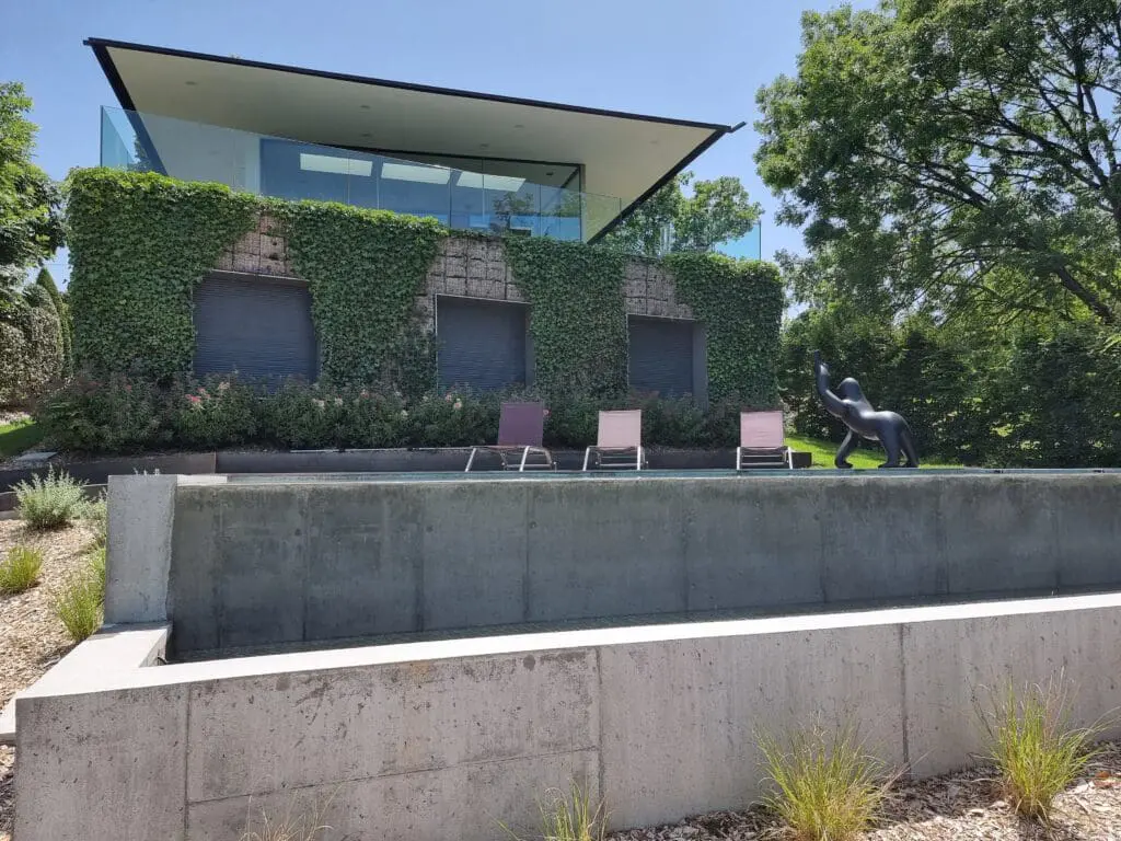 Piscine à débordement en béton brut avec plage en bois exotique et vue sur un jardin paysager à Thonon-les-Bains, réalisée par Pernollet Paysage