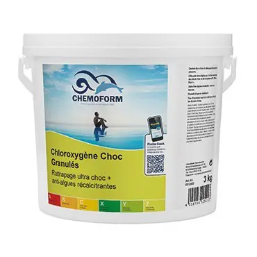 Seau de granulés Chemoform Chloroxygène Choc – traitement choc pour piscine contre l’eau verte et les algues résistantes