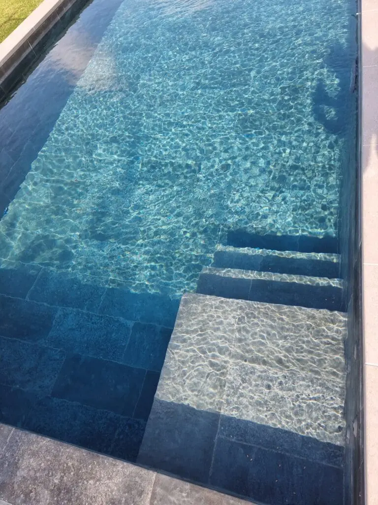Escalier immergé en grès céram dans une piscine contemporaine à Publier