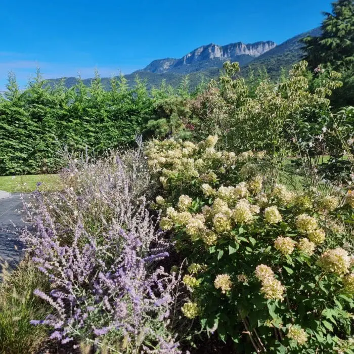 Aménagement paysager à Évian près du lac Léman avec massifs fleuris et haie végétale réalisé par Pernollet Paysage
