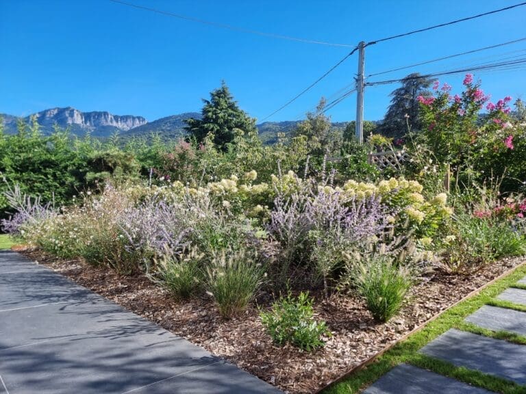 Massifs fleuris colorés et chemin en dalles à Évian